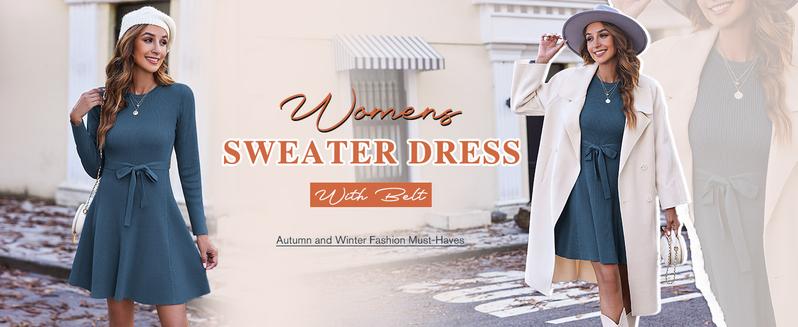 Women's Long Sleeve Dress Crewneck Pullover Sweaters A-Line Casual Swing Dress Bodycon Dress with Belt Thick Suitable for Fall and Winter