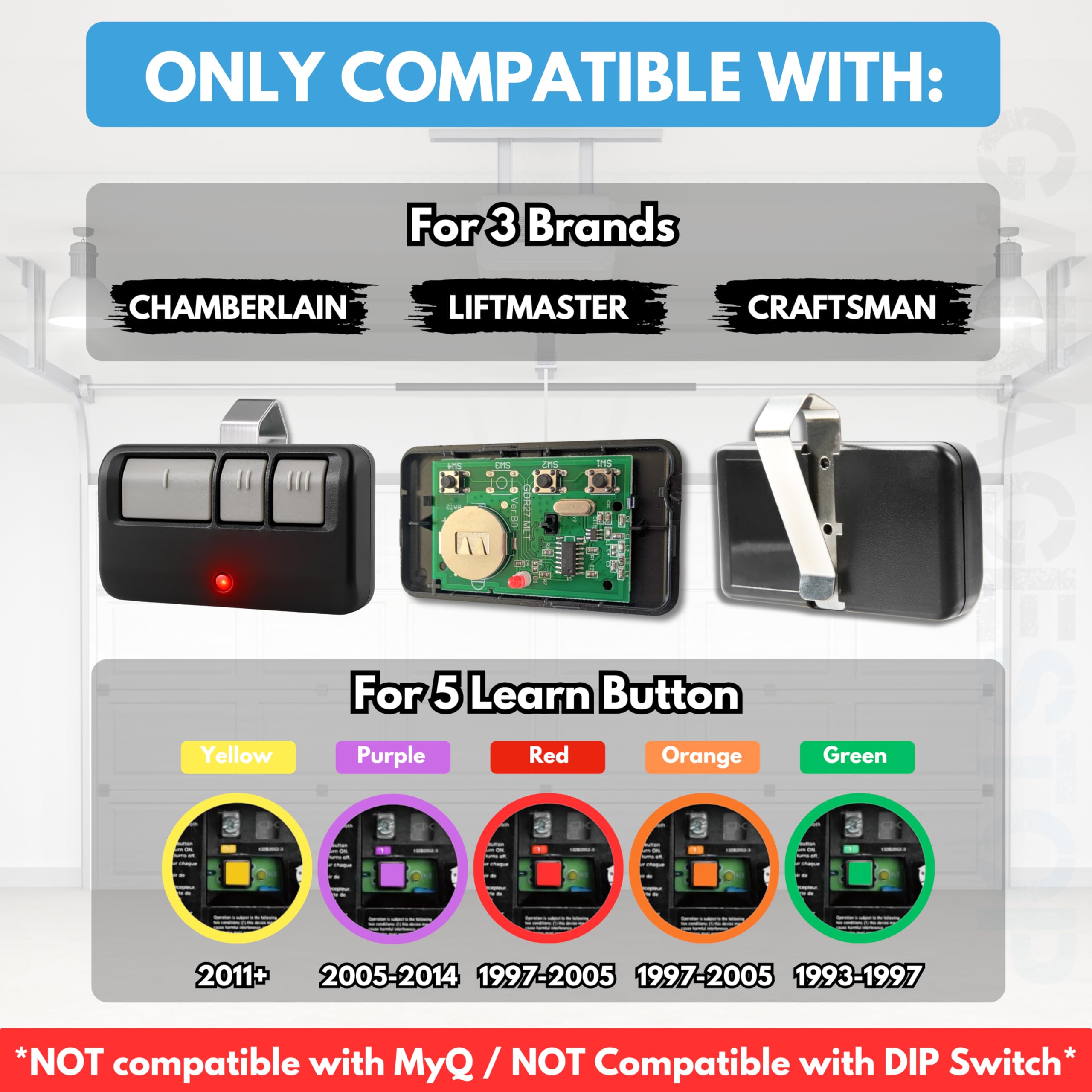 Suitable for garage door opener remote controllers. Can replace models 893LM, 893Max, 891LM, 371LM, 373LM, 971LM, 973LM. Wireless remote key entry system without waiting time. Safe and reliable.