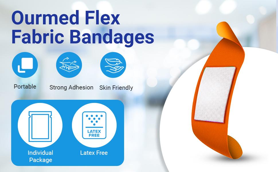 Ourmed Flexible Fabric Bandages (Flexible Tape) - 200 Count, Assorted Sizes, Rainbow Colors, Latex-Free, Breathable Long-Lasting Adhesive Bandages with Non-Stick Pads for First Aid Wound Care (Cuts, Scrapes)