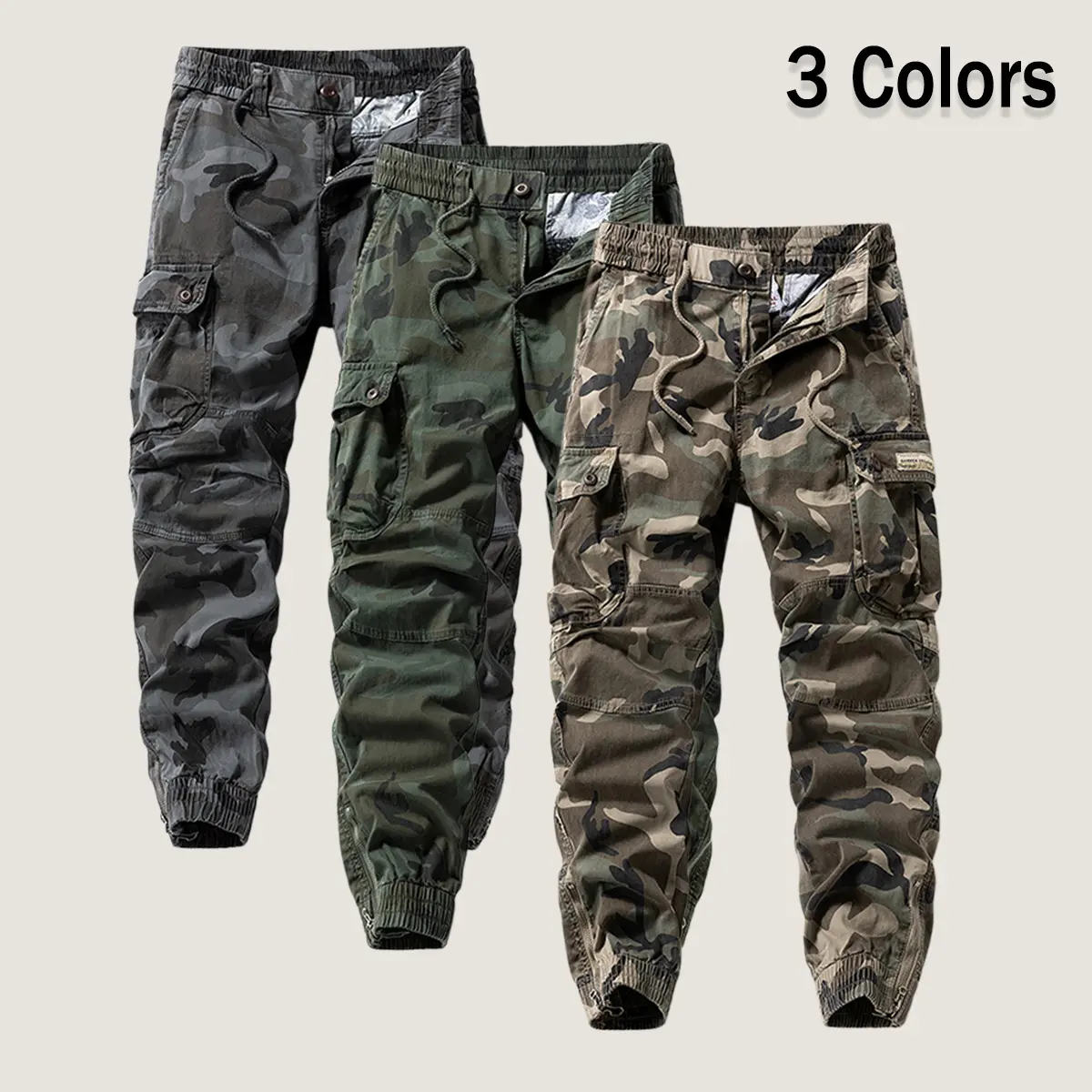 Men's Cargo Pants, 2-Pack Loose-Fit Camouflage Style, High-Cotton Activewear with Multiple Pockets and an Elastic Drawcord, Mid-Waist