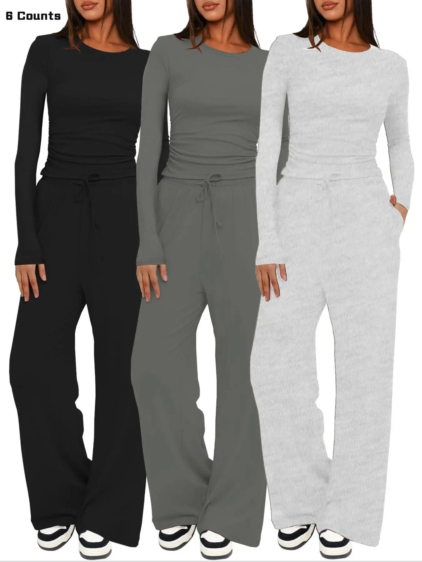 Women's Solid Ruched Drawstring Adjustable Fit Knitting Loungewear Set, Casual Long Sleeve Round Neck Top & Pocket Wide Leg Trousers, Ladies Sleepwear Pajama for All Seasons, Lounge Clothes