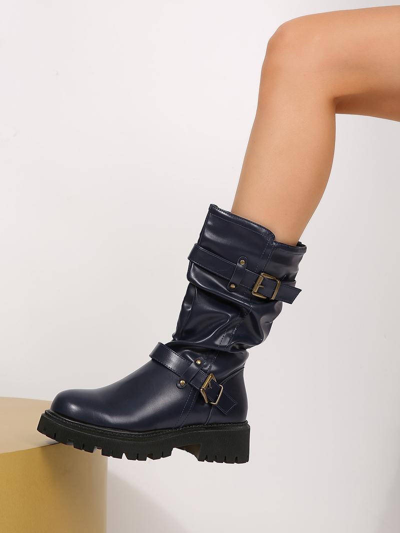 Women's Double Buckle Ruched Ankle Boots, Stylish Y2K Moto Winter Shoe, Womensfashion PU Leather Boots for Women, Low Heel Walking Footwear, Perfect Valentine's Day Gift