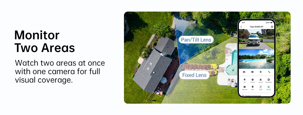 TP-Link & Tapo  C645D KIT Dual Lens Pan/Tilt Security Battery Camera Wireless w/Solar Panel, 2K 3MP 165° Wide-Angle + 6mm Telephoto, Free Person/Vehicle Detection, 360° Pan, SD/Cloud Storage, Works w/Alexa & Google