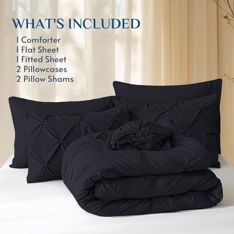 Queen Comforter Set of 7 Pieces-Bed in a Bag for Queen Size, All Season, Pintuck Bedding with Comforter, Flat Sheet, Fitted Sheet, Pillowcases and Shams, Black Queen Comforter Set of 7 Pieces-Bed in a Bag for Queen Size, All Season, Pintuck Bedding with Comforter, Flat Sheet, Fitted Sheet, Pillowcases and Shams, Black