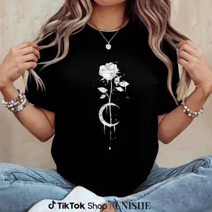 100% Cotton Occult Witch Tee – Moon Rose Vintage Gothic Short Sleeve Shirt