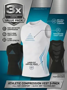 Men's Sports Compression Tank Top 3-Pack — Breathable, Quick-Dry Workout Tank Top with Geometric Print and 4-Way Stretch (White and Black Value Set)