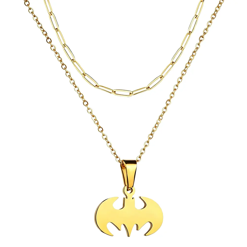 Jemant Bat Necklace For Men Women Silver 18k Gold Plated Paperclip Chain Layered Trendy Gothic Goth Punk Cool Bat Charm Pendant Necklace Non Tarnish Waterproof Hypoallergenic Statement Jewelry Fashion Accessories Gift Halloween Cosplay Party For Bat Lover