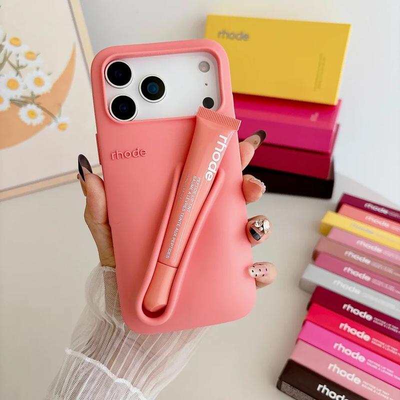 Rhode Cute Makeup Aesthetic Phone Case with Built-In Lip Balm Holder for iPhone 11 12 13 14 15 16 17, Shockproof Protective Back Cover, Stylish Beauty Phone Accessory for Women and Daily Carry