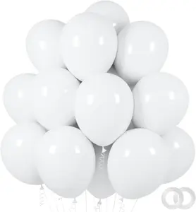 12-Inch White Rubber Latex Balloons, 100-Pack with 2 Ribbon Rolls, Floatable Helium Balloons for Wedding, Birthday, Halloween Decorations