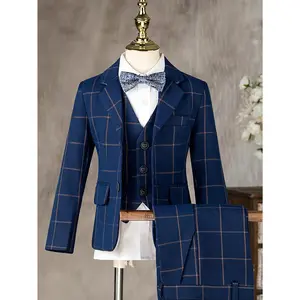 3-piece Set Boys Plaid Pattern Gentleman Suit Blazer Vest Pants Formal Outfit Speech Performance Birthday Party Children's Clothing