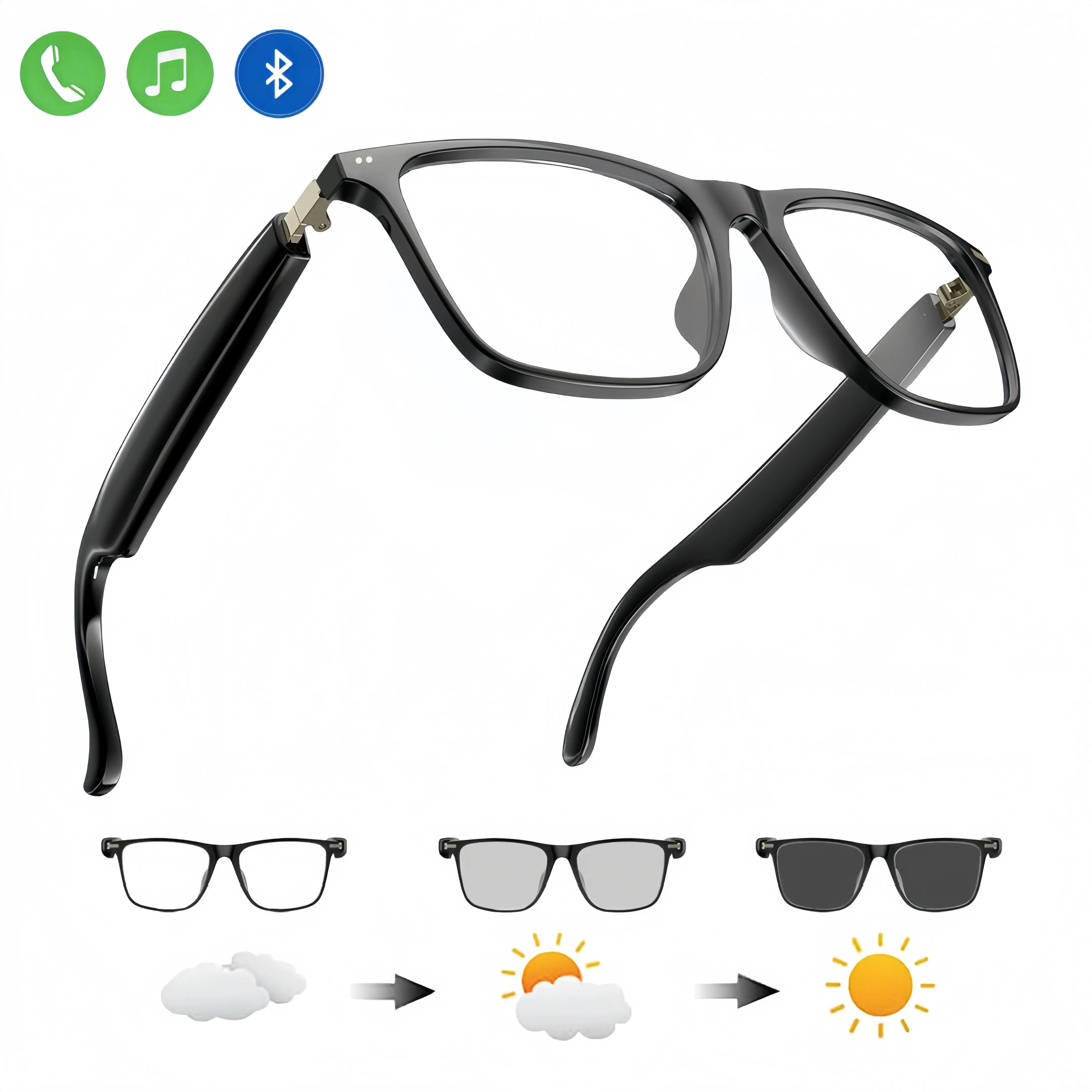 Smart Glasses with Built-in Wireless Earbuds - Auto-Tinting Polarized Blue Light Blocking Lenses, Open-Ear Audio, Hands-Free Calling, Button Control, Music Playback, Casual Plastic Frame, Android Compatible, Smart Sunglasses