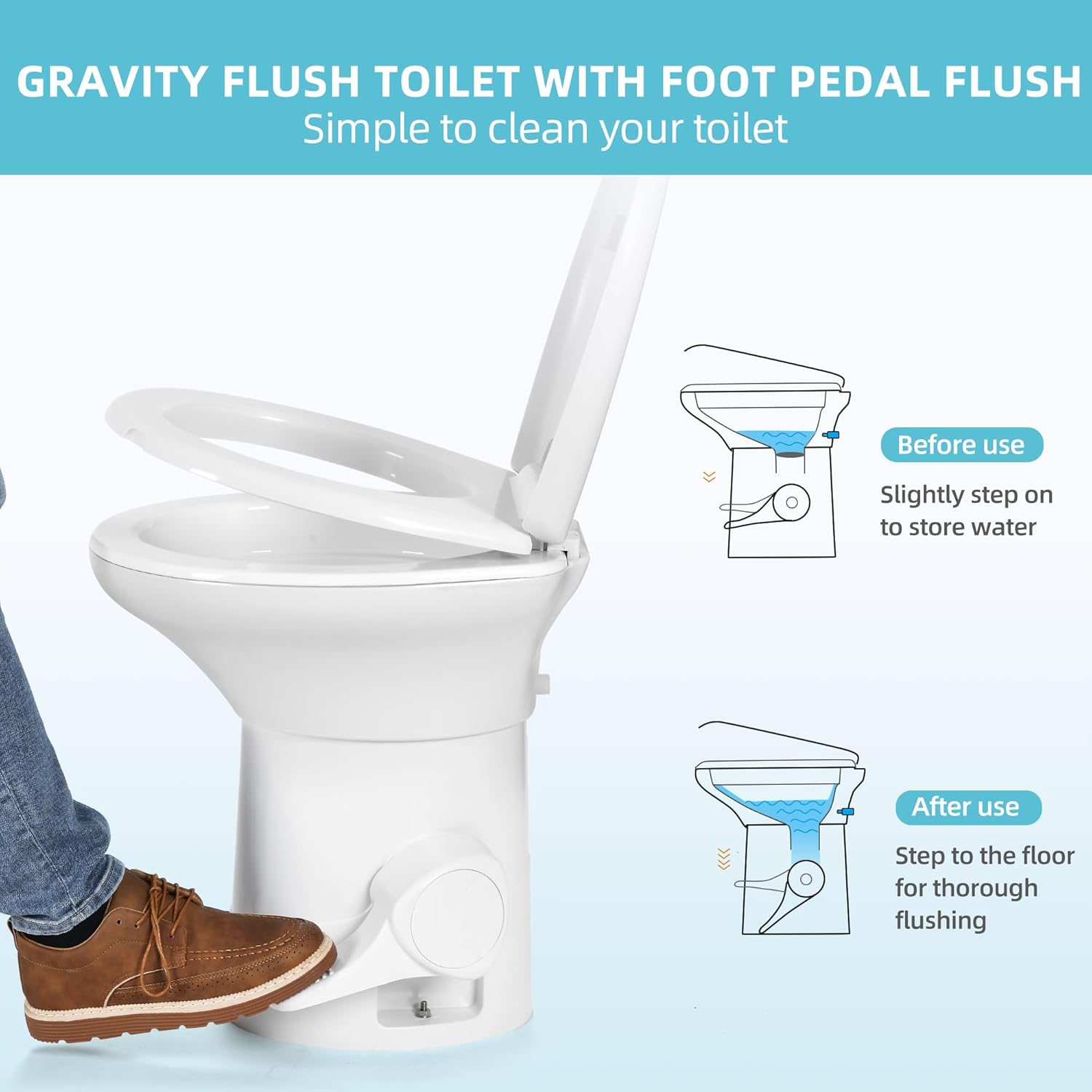 YITAMOTOR RV Toilet with Enamel Bowl Plastic Toilet Body Pedal Flush Gravity Flush High Profile with Hand Sprayer & Flange for Motorhome Caravan Car Travel