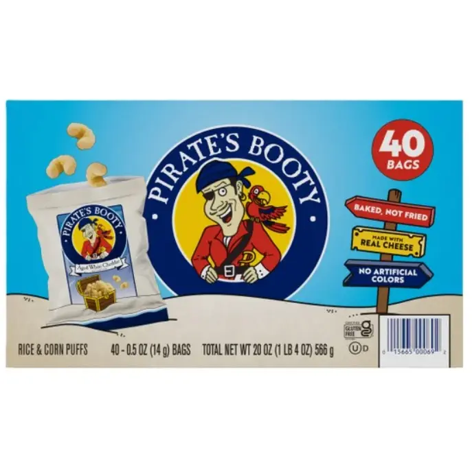 Pirate's Booty Aged White Cheddar Snack 0.5 oz 40 Pack Classic Delicious Taste Perfect for On-the-Go Snacking Crunchy Crispy