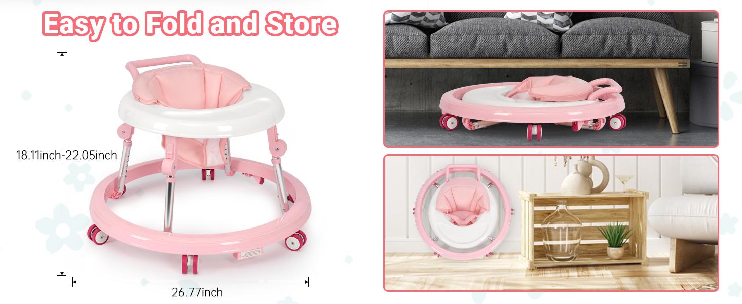 Baby Walker Foldable with 9 Adjustable Heights, Baby Walkers and Activity Center for Boys Girls Babies 7-18 Months, Baby Walker with Wheels Portable