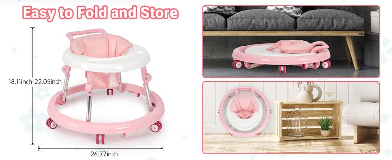 Baby Walker Foldable with 9 Adjustable Heights, Baby Walkers and Activity Center for Boys Girls Babies 7-18 Months, Baby Walker with Wheels Portable