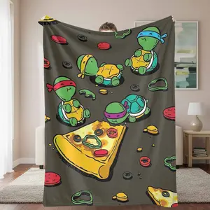 Cartoon Turtle and Pizza Flannel Blanket Colorful Food Pattern Design Soft Lightweight Plush Throw Cozy Warm Texture Ideal for Sofa Bed Living Room Decor Office Nap Travel Housewarming Gift Relaxing Lounge Use