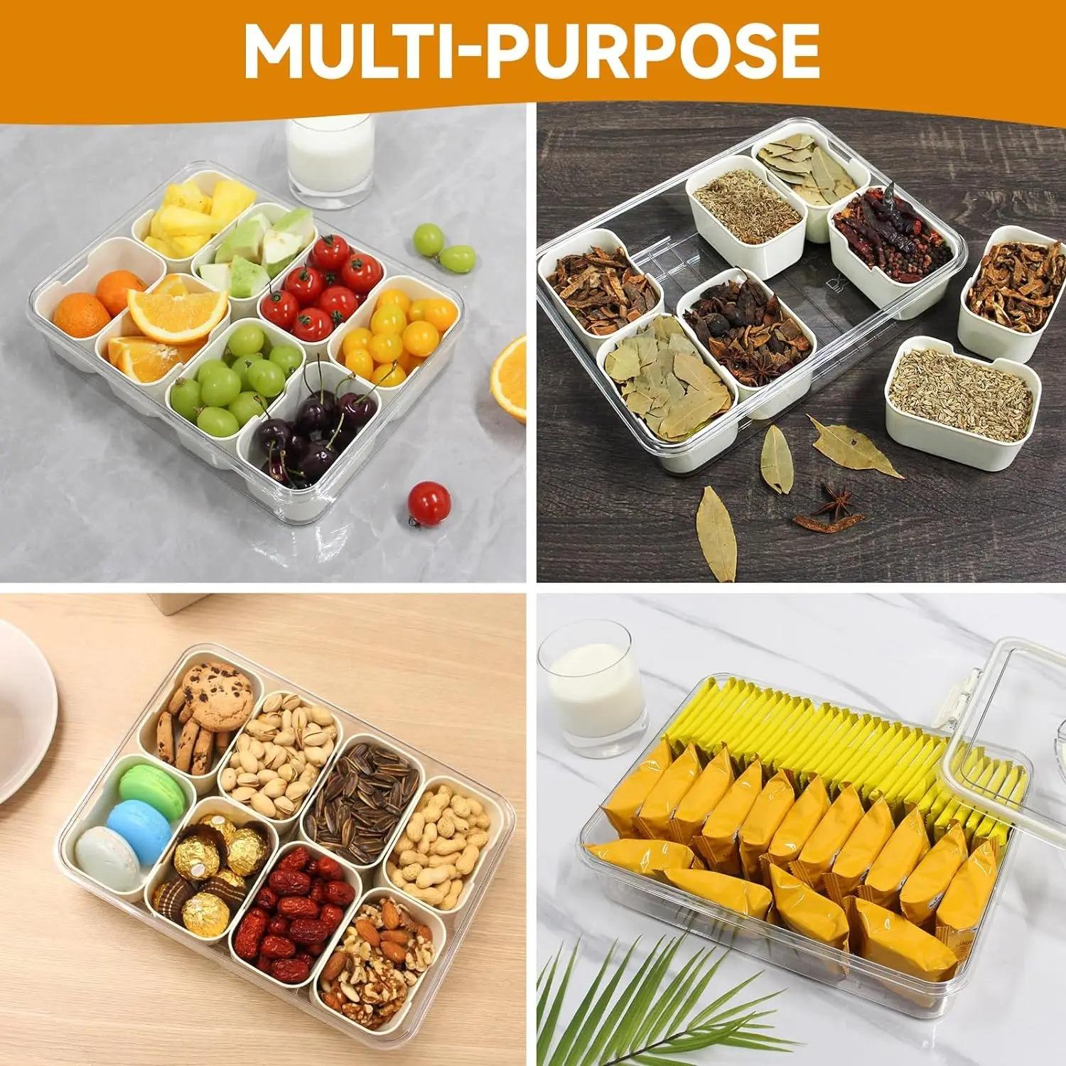 Rugged Reusable 8 Grid Divided Snack Box, 2026 Trending BPA-Free Stackable Food Storage Container with Seasoning Tray Lid & Handle, Meal Prep Travel Charcuterie Board Organizer, Leakproof for Fruit Veggie Nuts, Ideal for Picnic Lunch&Refrigerator Storage