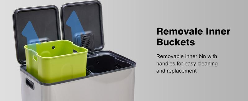 2 x 10.6 Gallon Kitchen Trash Can with Lid, Stainless Steel Garbage Can with Soft-Close Lid & Removable Inner Buckets, Dual Compartment Step-on Waste Bins for Kitchen Bathroom Bedroom Office