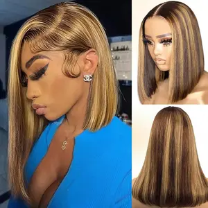 13x4 HD  Human Hair 4/27 Honey Blonde  Highlight Ombre Bob Wig Lace Front Wigs 180 Density  Highlight Ombre Pre Plucked Short Bob Wigs for Women Glueless 10 Inch