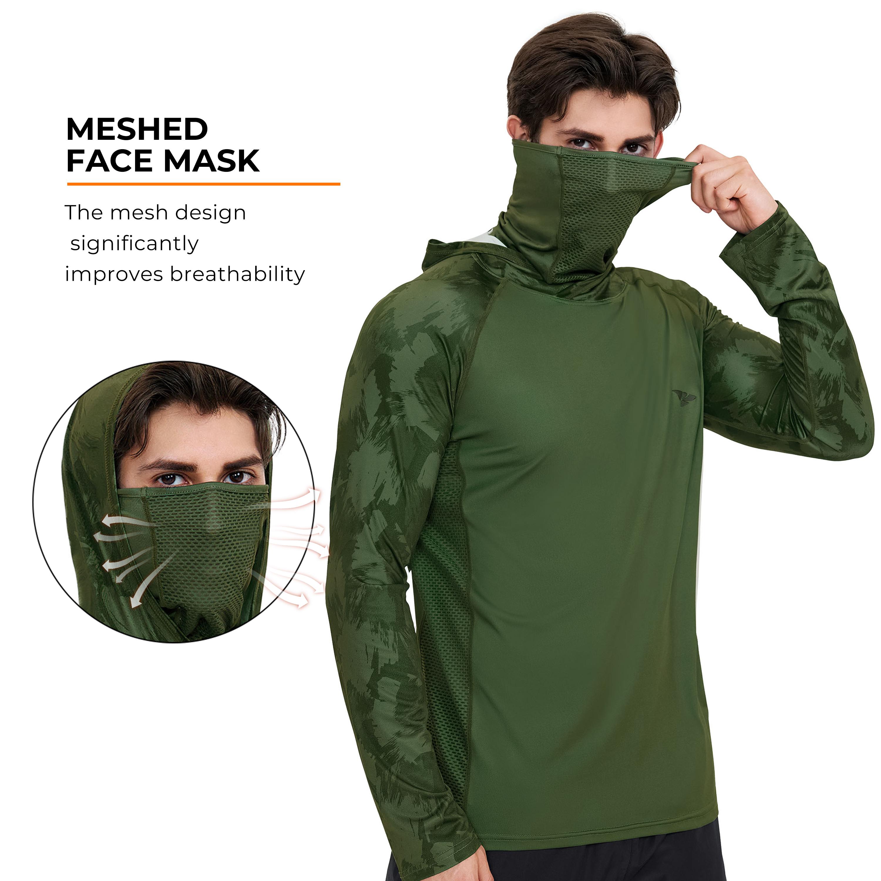 【RODEEL】915 Sun Hoodie Shirts w/ Mask Neck Gaiter Men UPF 50+ UV Protection Long Sleeve Lightweight Quick Dry Moisture Wicking Breathable Cooling Athletic Activewear for Outdoor Sport Fishing Boating Hiking Cycling Roofing Construction Tree Service