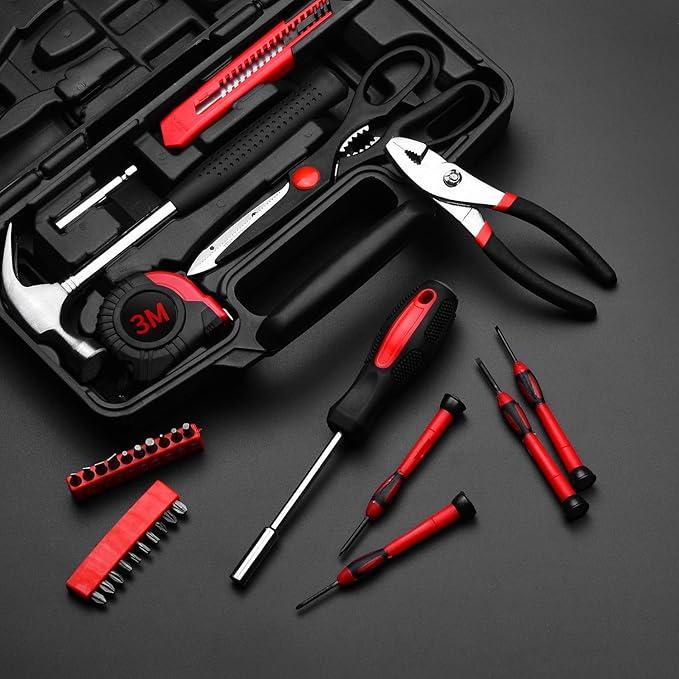 39-Piece Red Household Tool Kit, All-in-One Basic Home Repair & DIY Tool Set with Portable Plastic Toolbox, Essential Tools for College Students, Renters & Homeowners
