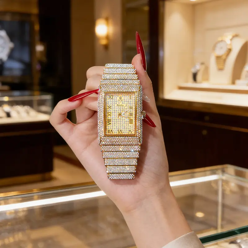 Unisex Luxury Square Synthetic Cubic zirconia  Watch golden & Silver Iced Out Bling Waterproof Luminous Adjustable Perfect Gift for Him & Her LX1082G