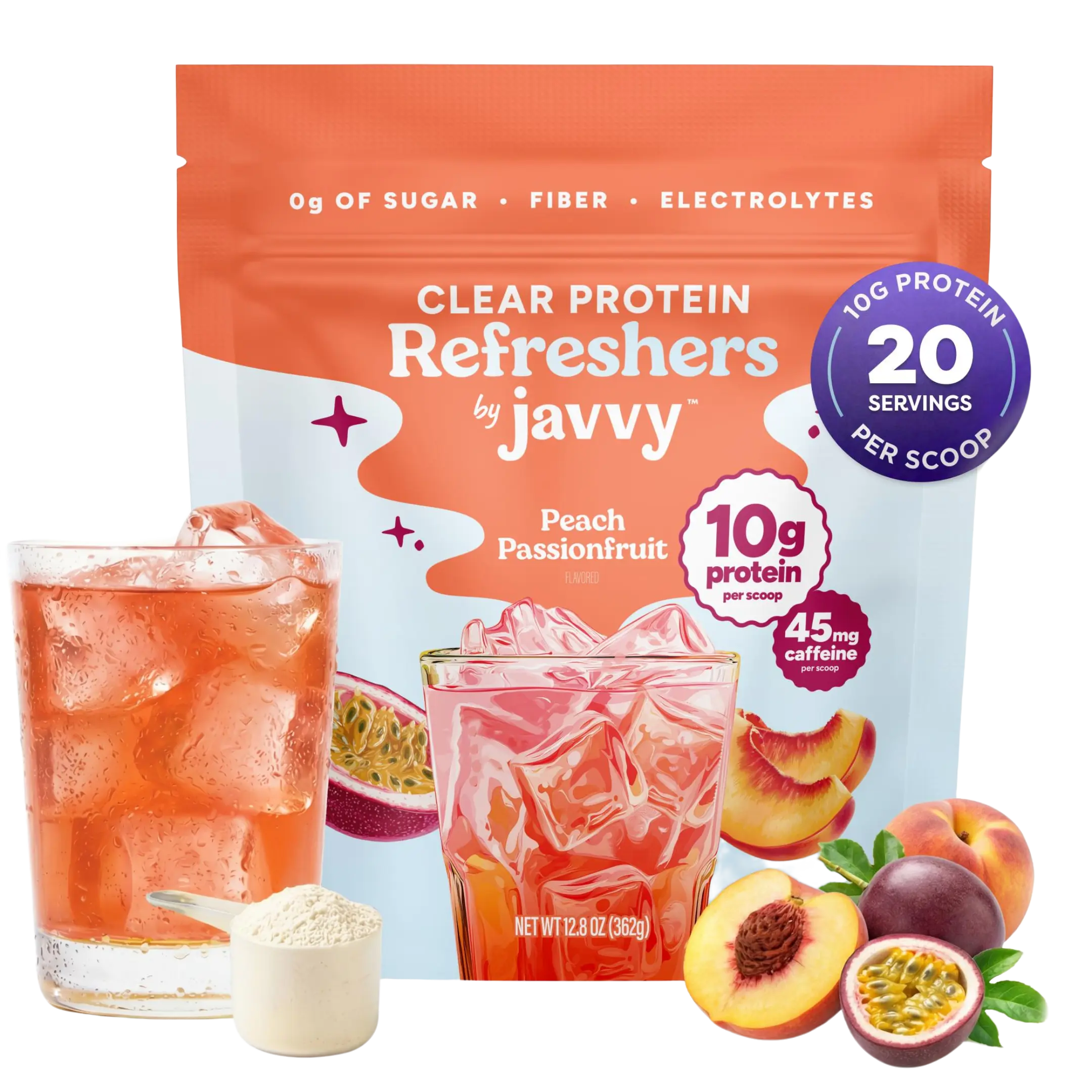 Peach Passionfruit Refresher Premium Clear Whey Protein Drink - Protein with Electrolytes, Fiber, 45mg Caffeine, 0g Sugar, 100% Natural Flavors, 0 Artificial Colors & Sweeteners, 20 Servings