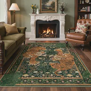 GENIMO Tiger Area Rugs Boho Vintage Oriental Living Room Rug, Non Slip Washable Rug Stain Resistant, Low Pile Thin Soft Rug, Botanical Animal Carpet for Bedroom, Dining Room, Office