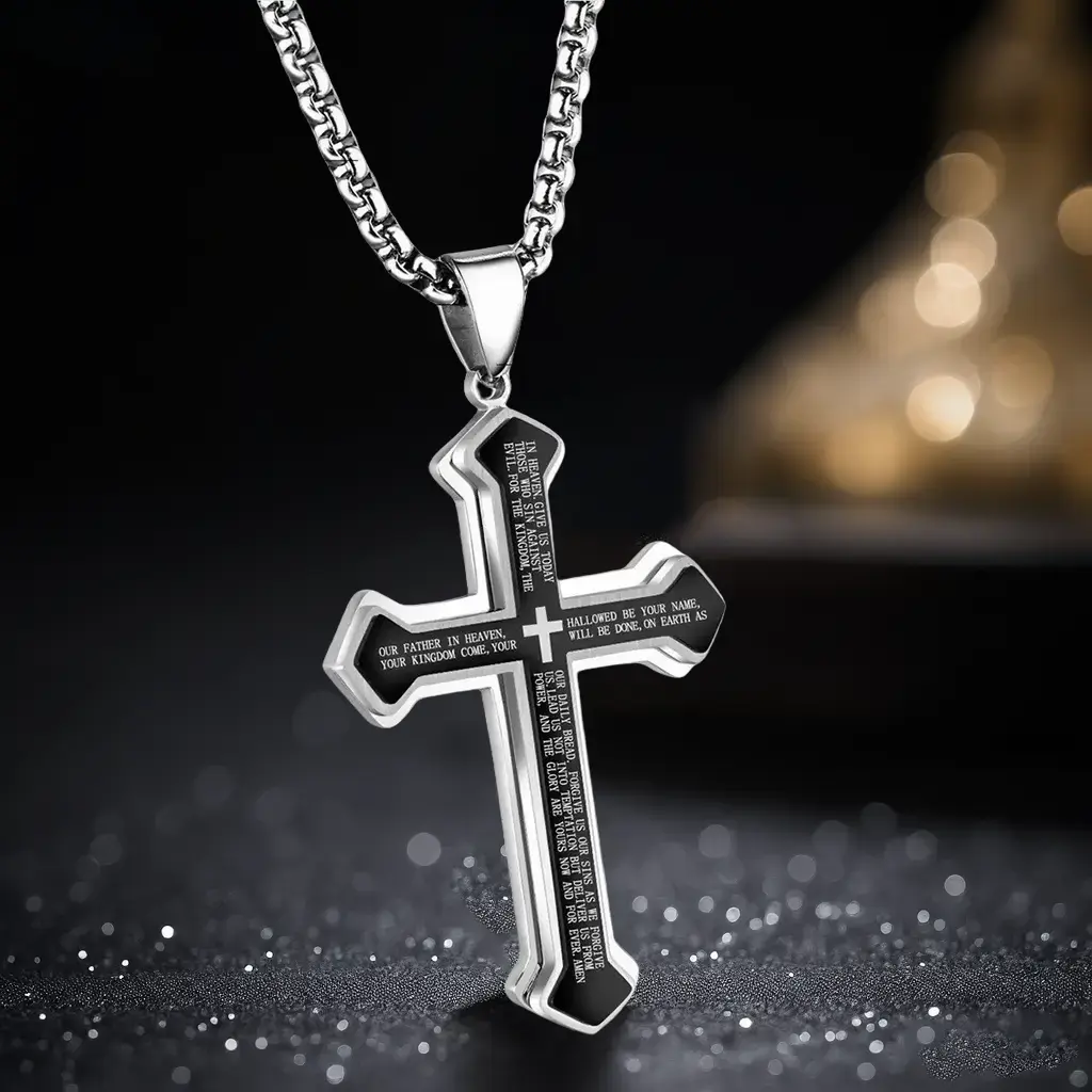 TK Halo Accessories Men's Engraved Bible Verse Cross Pendant Rust-Proof Stainless Steel Religious Jewelry Perfect for Gifting & Personal Style