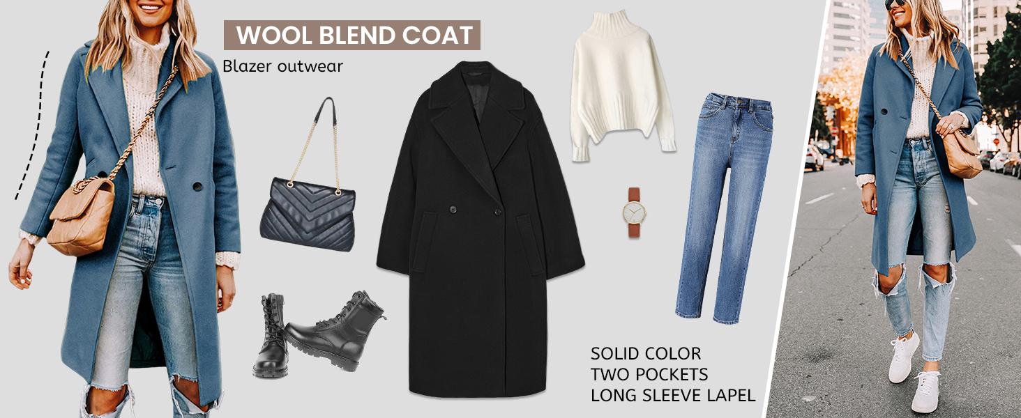 Molitree Women's Winter Notch Lapel Double Breasted Wool Blend Mid Long Pea Trench Coat