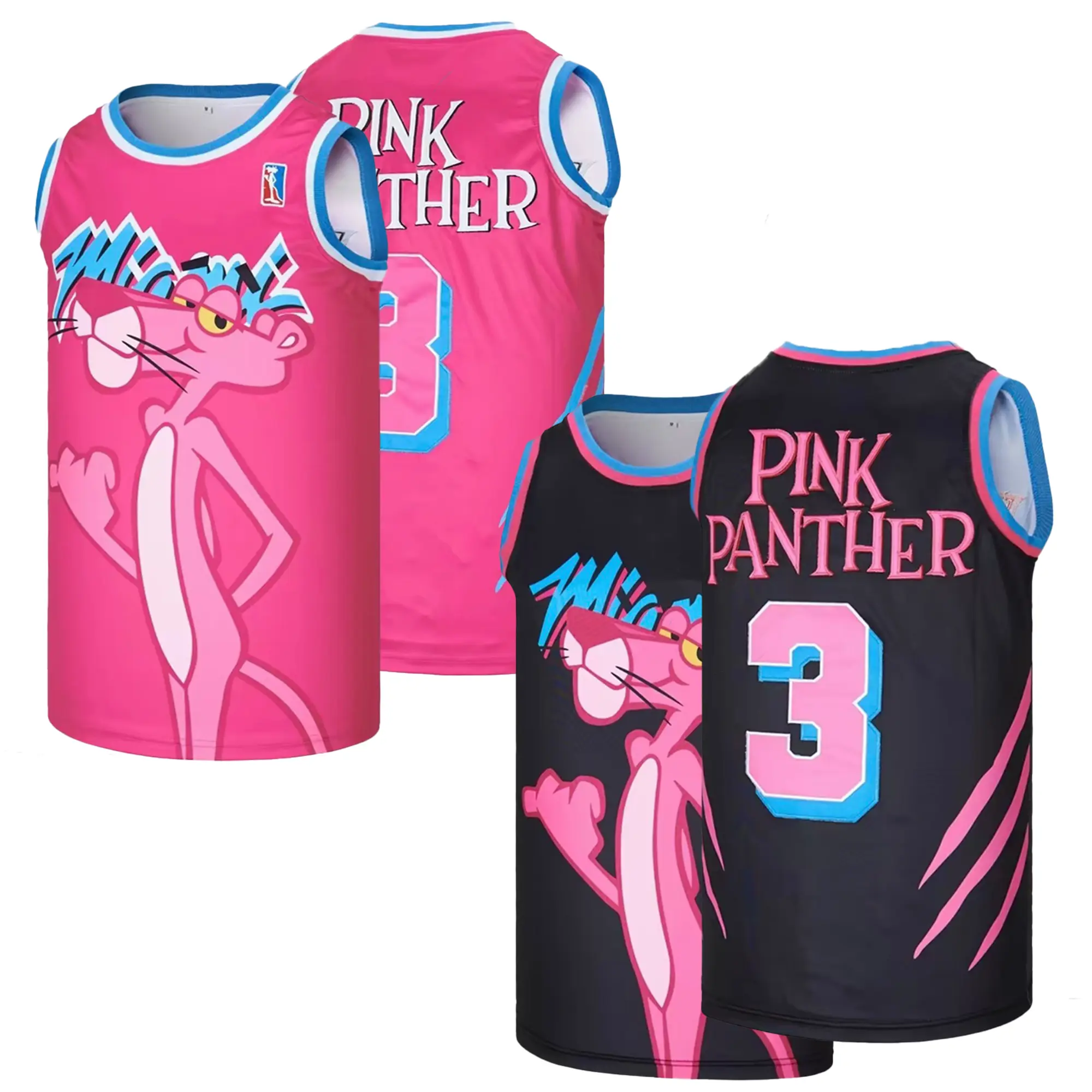 Miami #3 PinkPanther Basketball Jersey,Retro Hip Hop Clothing Cartoon Top,Letter Embroidered Party Vest, Unisex Sports Top Gym Workout Tops