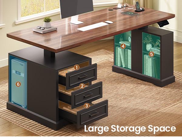 SEDETA Farmhouse Electric Standing Desk, 63" Height Adjustable Computer Desk with 3 Drawers, Storage Shelves, Power Outlets, Wood Home Office Stand up Desk for Work, Study, Writing