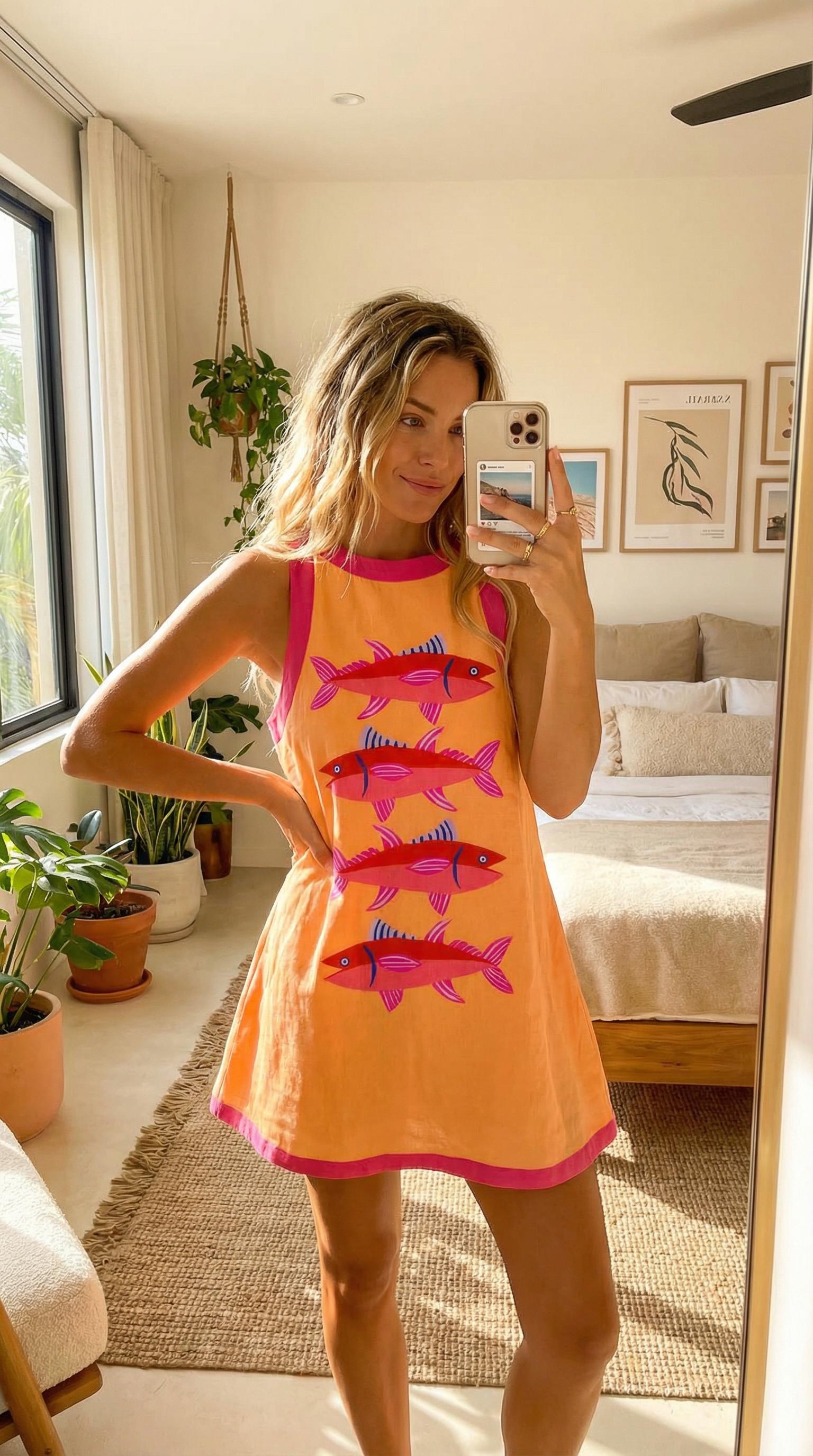 Holiday Fish Print Sleeveless Mini Dress, Pop Style Prints, Cute and Playful Dress, Summer Comfortable Women's Clothing #SpringStatements