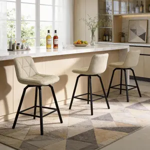 26-inch bar height 360° rotating bar stool set of 3, triangular pattern linen seats, metal legs and backrests, suitable for kitchen bar counters and islands.