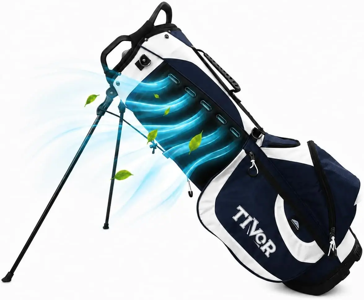 Polyester Lightweight 7-Way Golf Stand Bag - 5 Cooling Fans, 7 Pockets, for Walking Golfers (White, Blue)