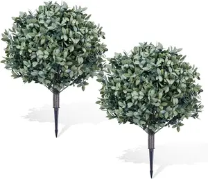 Set of 2 Artificial Boxwood Topiary Plants with Metal Stakes, UV Resistant Outdoor Decor, Artificial Plants 65 x 40 cm for Patio, Courtyard