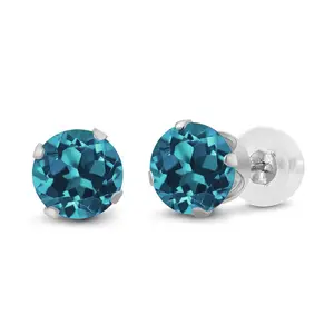 Gem Stone King 10K White Gold London Blue Topaz Stud Earrings For Women Men (1.20 Cttw, Gemstone Birthstone, Round 5MM)