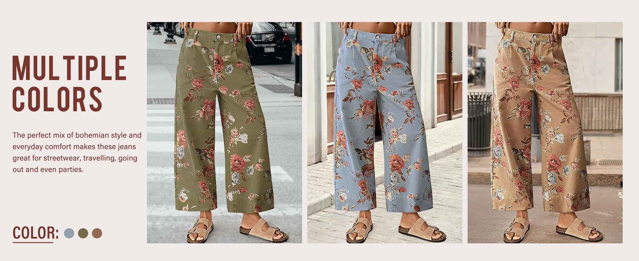 Chouyatou women's mid-rise floral print cropped jeans bohemian loose wide-leg jeans SpringStatements Chouyatou women's mid-rise floral print cropped jeans bohemian loose wide-leg jeans SpringStatements