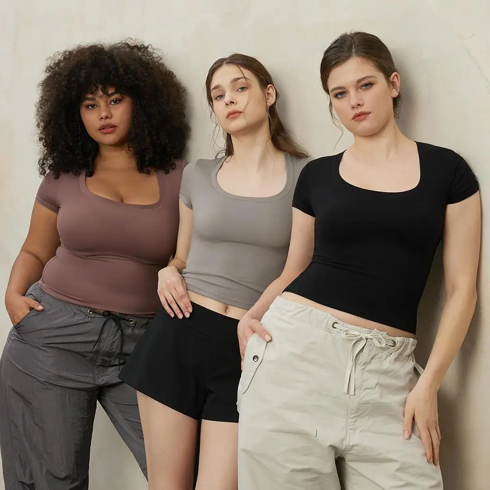 PUMIEY Snatched Fitted Tee, Flattering Wide Crew Neck T-Shirt, Double Layer Buttery Soft Stretch, Minimal Everyday Basic summerwins,back to school,back to school shopping, Women's Clothes, Tops