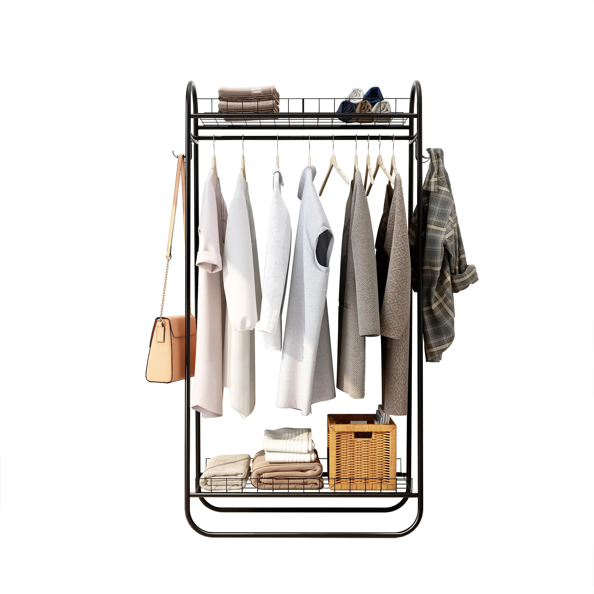 Garment Rack Freestanding Heavy Duty Clothing Rack, Metal Rolling Clothes Rack with Double Shelves, Portable Wardrobe Rack for Hanging Clothes