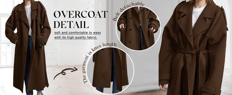 Chouyatou women's winter wool blend mid-length coat notched lapel double-breasted long-sleeved trench coat with belt