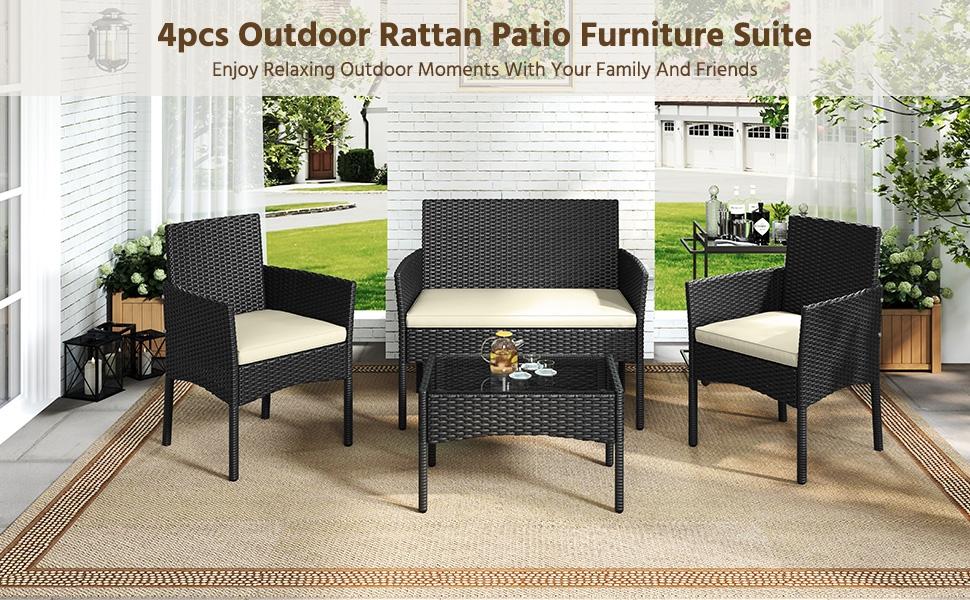 【Crazy Price】Yaheetech 4-Piece Patio Furniture Set Hand-Woven PE Rattan Conversation Set with Soft Cushions & Tempered Glass Table for Backyard Garden Poolside