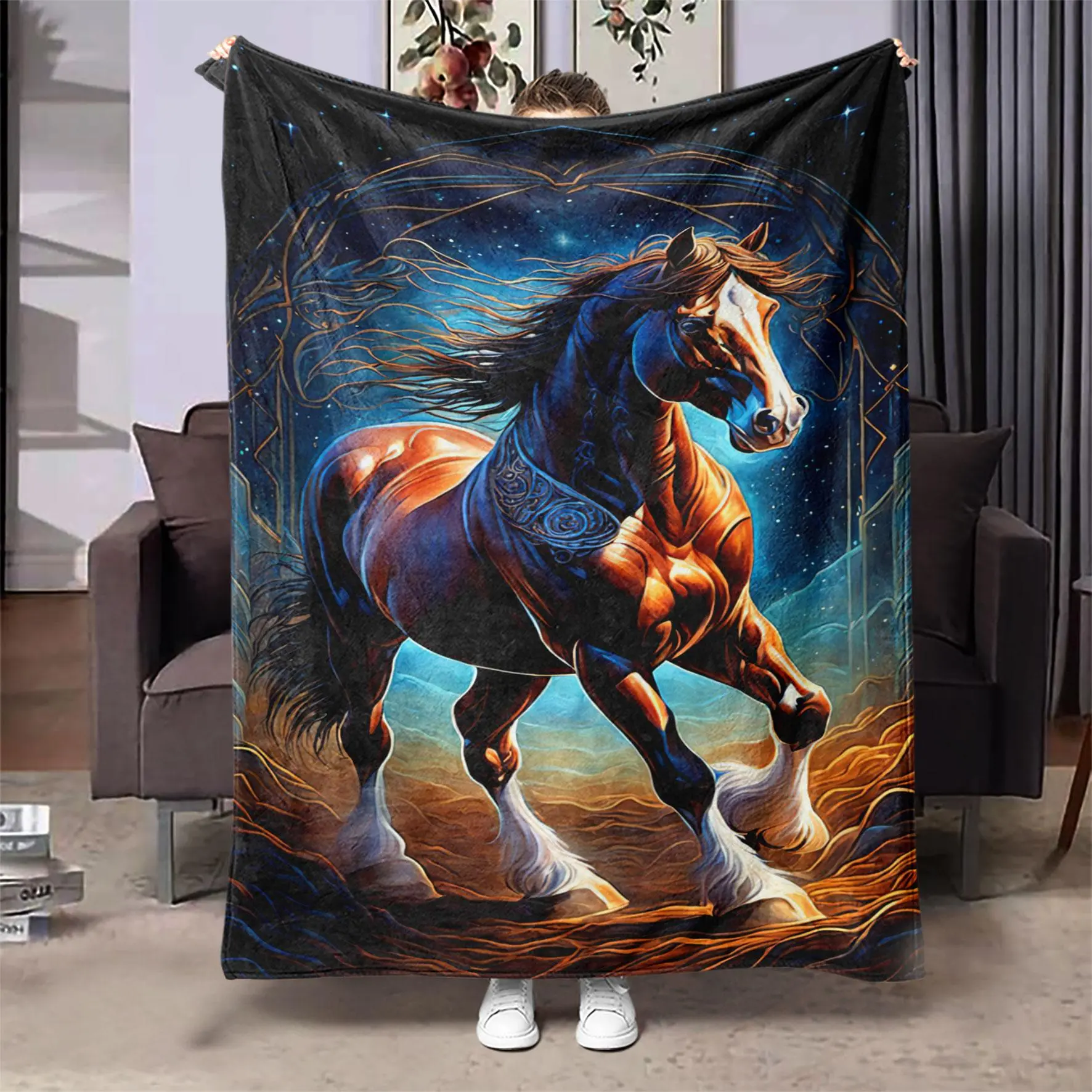 Horse Pattern Blanket, Custom Image Blanket, Soft Throw Blanket, Air-Conditioned Room Blanket, Warm Nap Blanket For Home Office Travel Camping