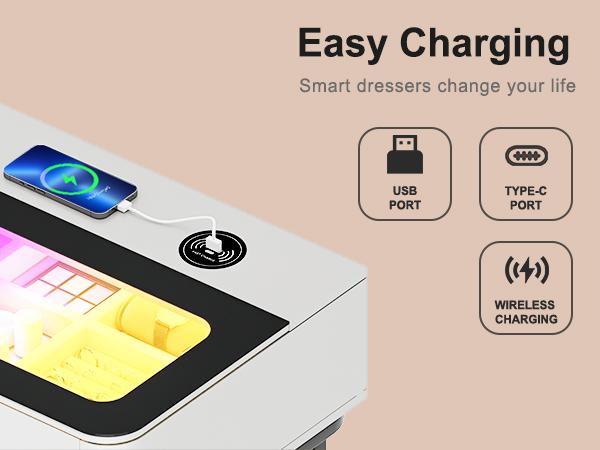 Miu Vanity Set with 24-Color RGB Lights, Wireless Charging,  6-Drawer Chest & Large Storage Furniture Organizing  Square  Mirror