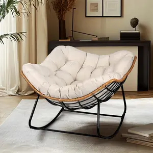 Egg Rocking Chair, Indoor/Outdoor Papasan Rocking Chair with Thick Cushion, Modern Lounge Rocker for Balcony, Living Room, Bedroom, Porch, Lawn, Garden (Ivory)