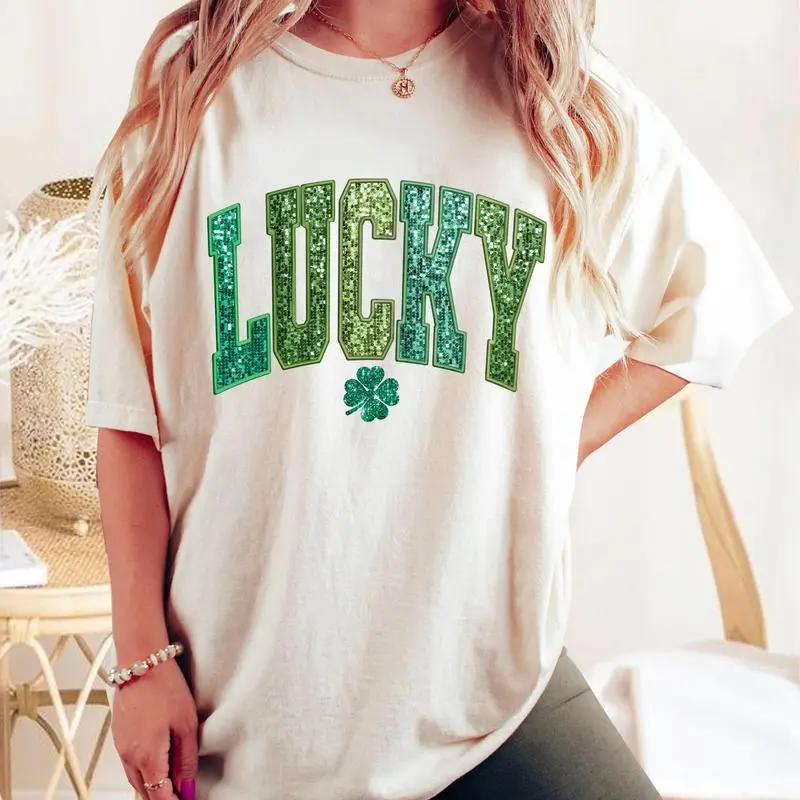 Lucky Faux Sequin St Patrick’s Day Shirt, Varsity Retro Irish Day T-Shirt, Patrick’s Day Crewneck Style, Lucky Shamrock Graphic Shirt, Gift For Men And Women, Classic Cotton Full Colors Shirt