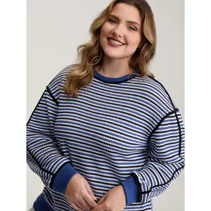 【 Comfy Chic】Bloomchic Stripe Print Contrast Edge Drop Shoulder Sweatshirt Fit Blue