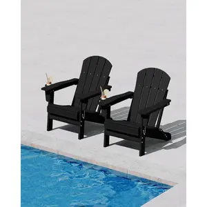 Folding Adirondack Chair, HDPE Outdoor Patio Chair with Cup Holder, All Weather Resistent Wooden Textured for patios, Decks, Gardens, fire Pit