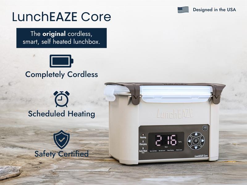 LunchEAZE Core Cordless Heated Lunchbox – Battery-Powered, 4-Cup Capacity, 220°F Max, Automatic Scheduled Heating, Stainless Steel Container