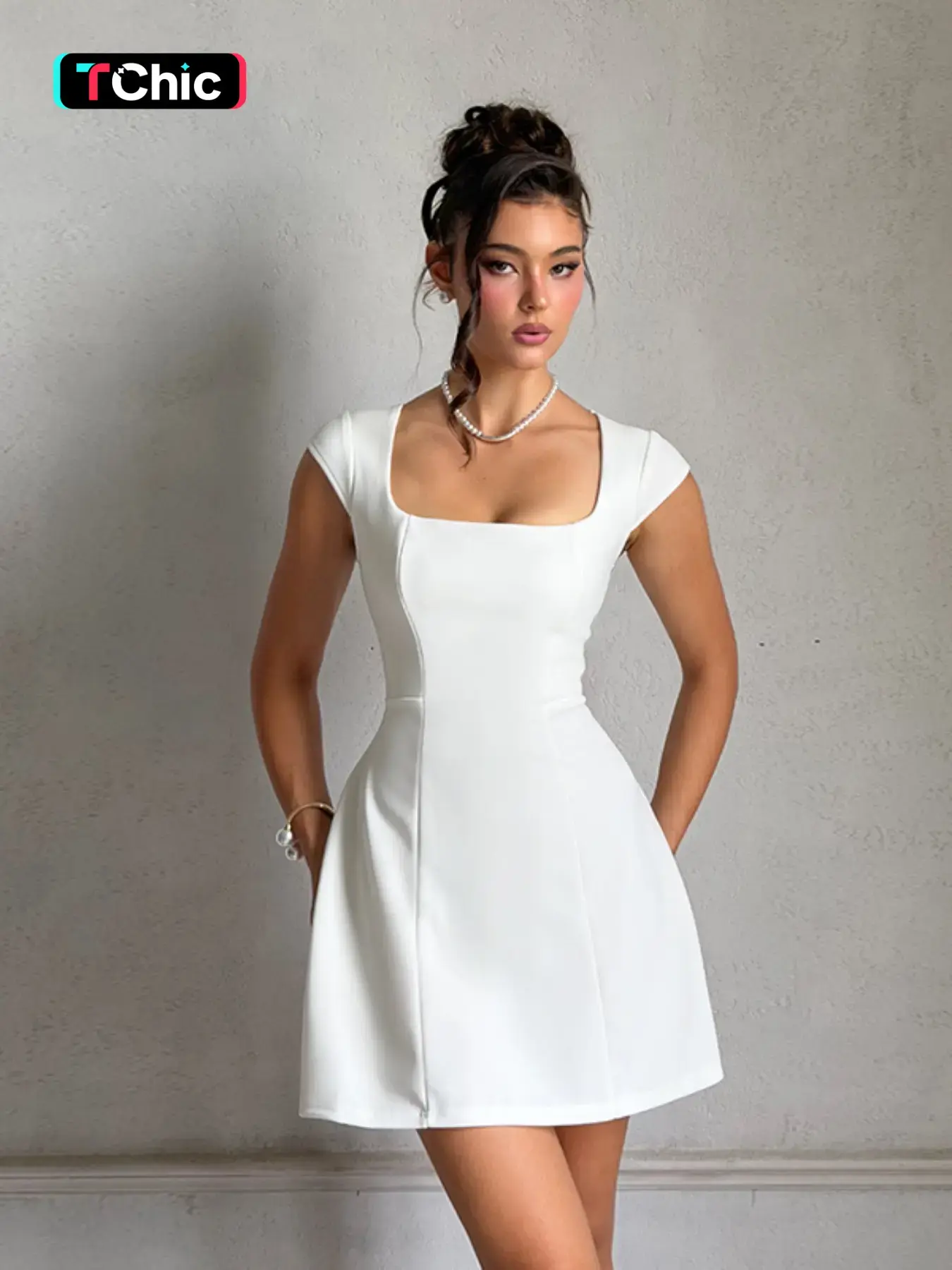 Women's Plain Square Neck A Line Dress, Formal Wear, Elegant Cap Sleeve Short Dress for Party Holiday Wedding Guest, Ladies Fall Clothes, Cocktail Party Dresses
